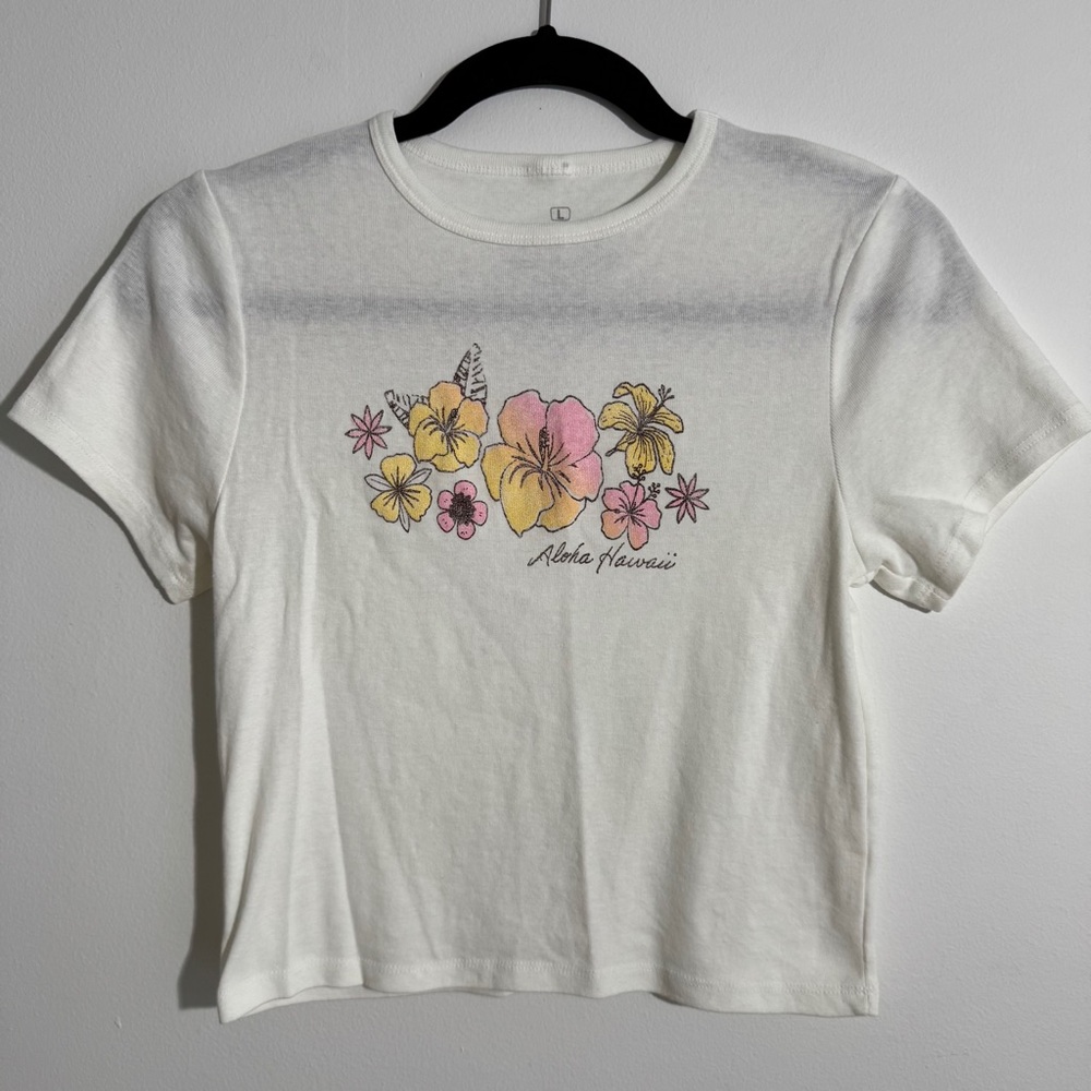 Strange Daze Aloha Hawaii Floral Graphic Tee White Pink Yellow Flowers Size‎ L